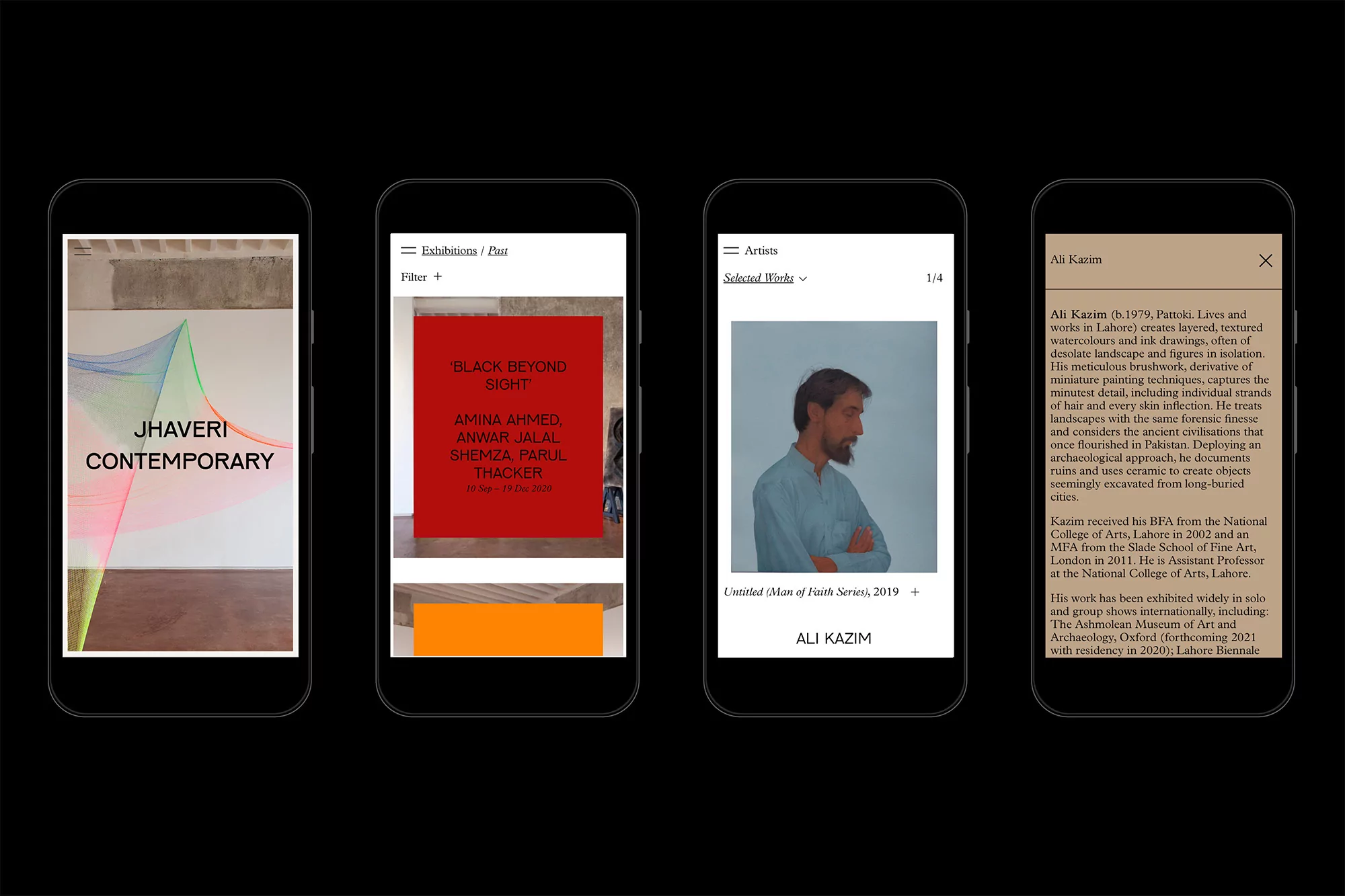 Multiple smartphones display images of contemporary art by Jhaveri Contemporary and Ali Kazim. Screens feature art and artist bio.