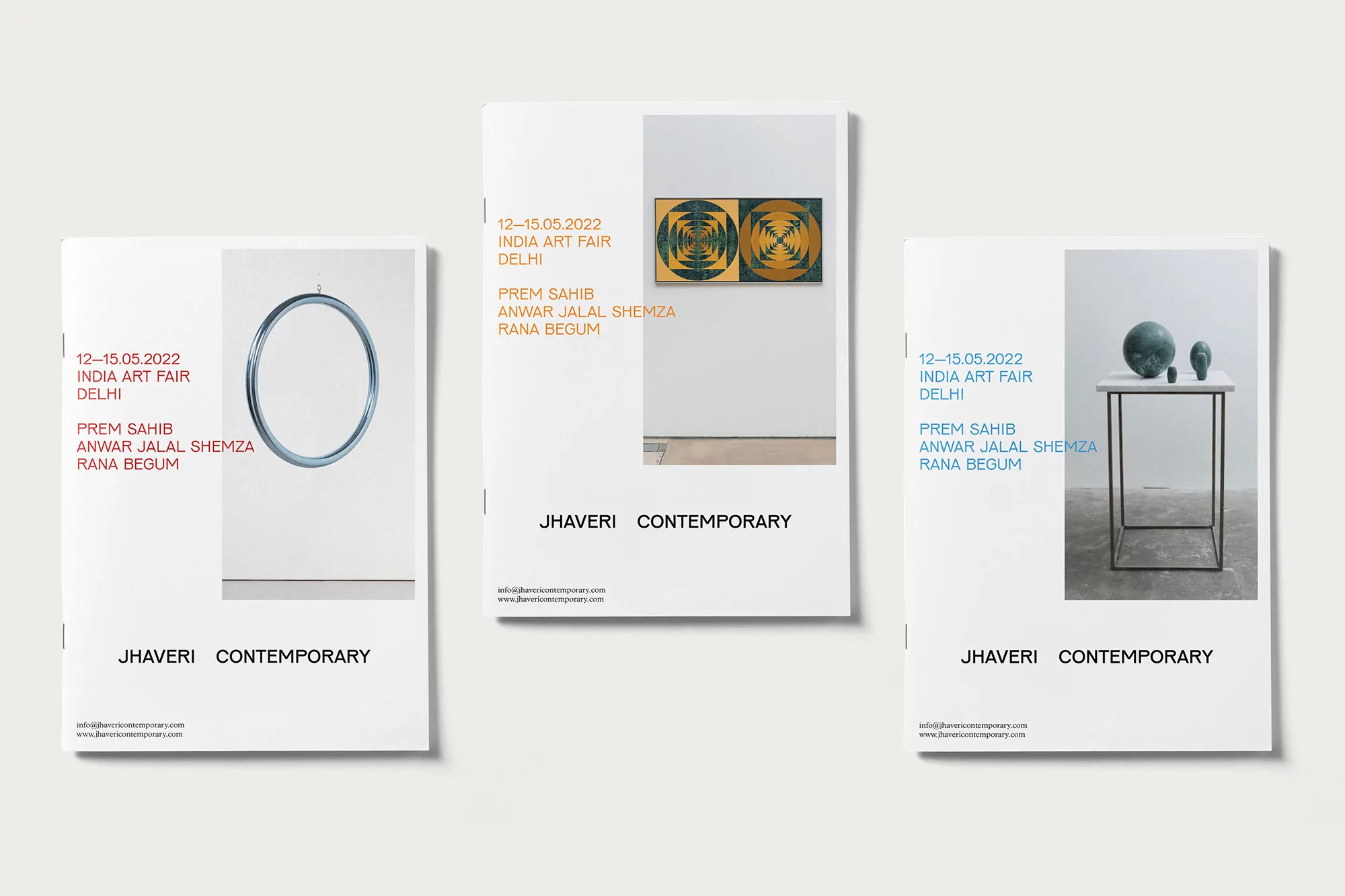 Three identical flyers promote Jhaveri Contemporary's India Art Fair Delhi exhibition, featuring art by Prem Sahib, Anwar Jalal Shemza, & Rana Begum.