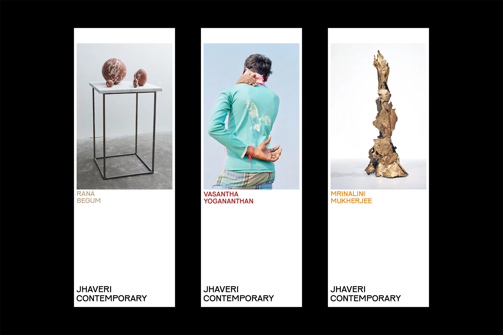 Triptych featuring art gallery promotion: abstract sculpture on a metal and marble table; man's back in blue shirt; bronze figure.