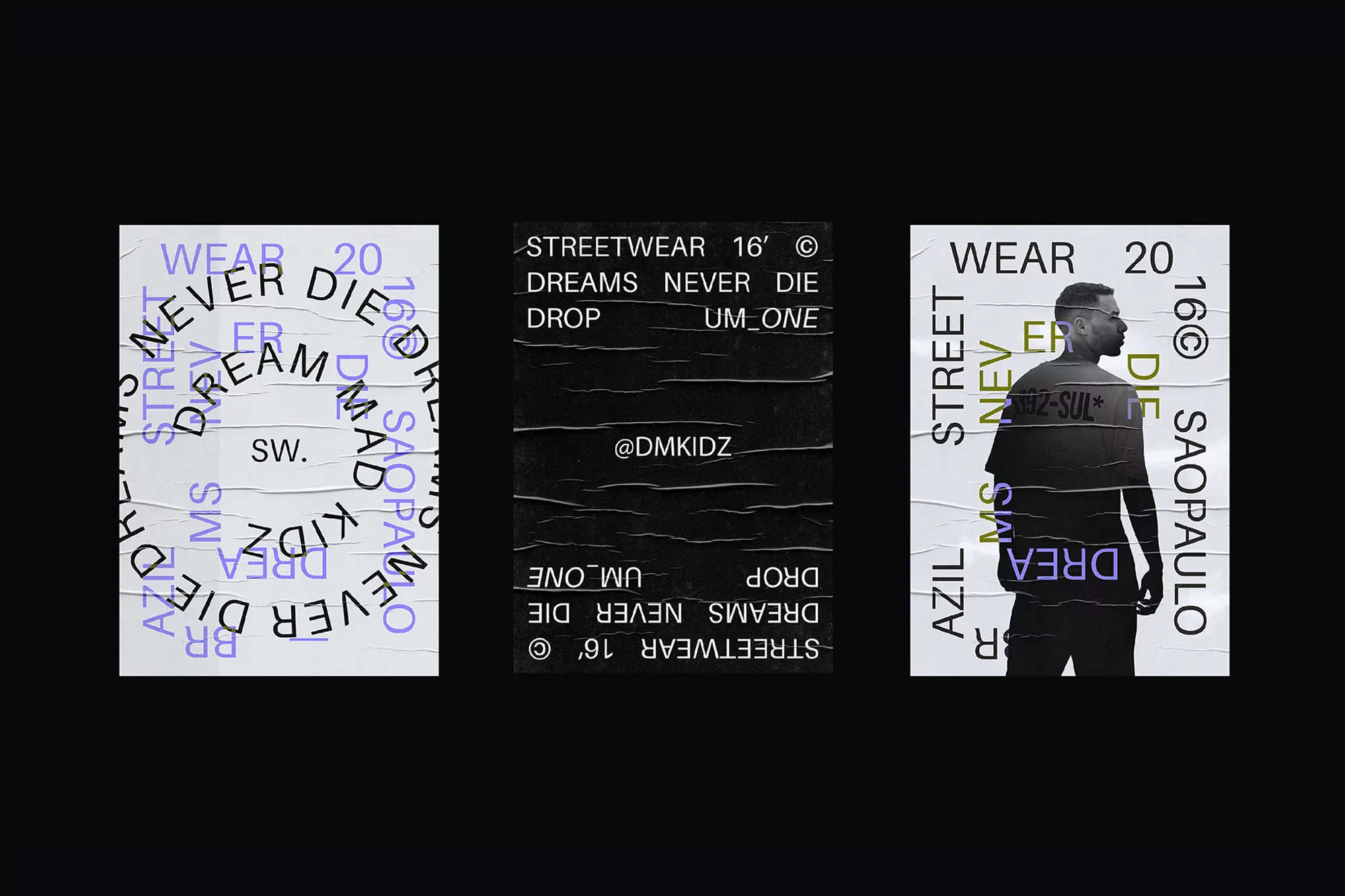 Three distressed posters on a black background feature streetwear-inspired typography, including the phrases 'Dreams Never Die' and '@DMKIDZ'.