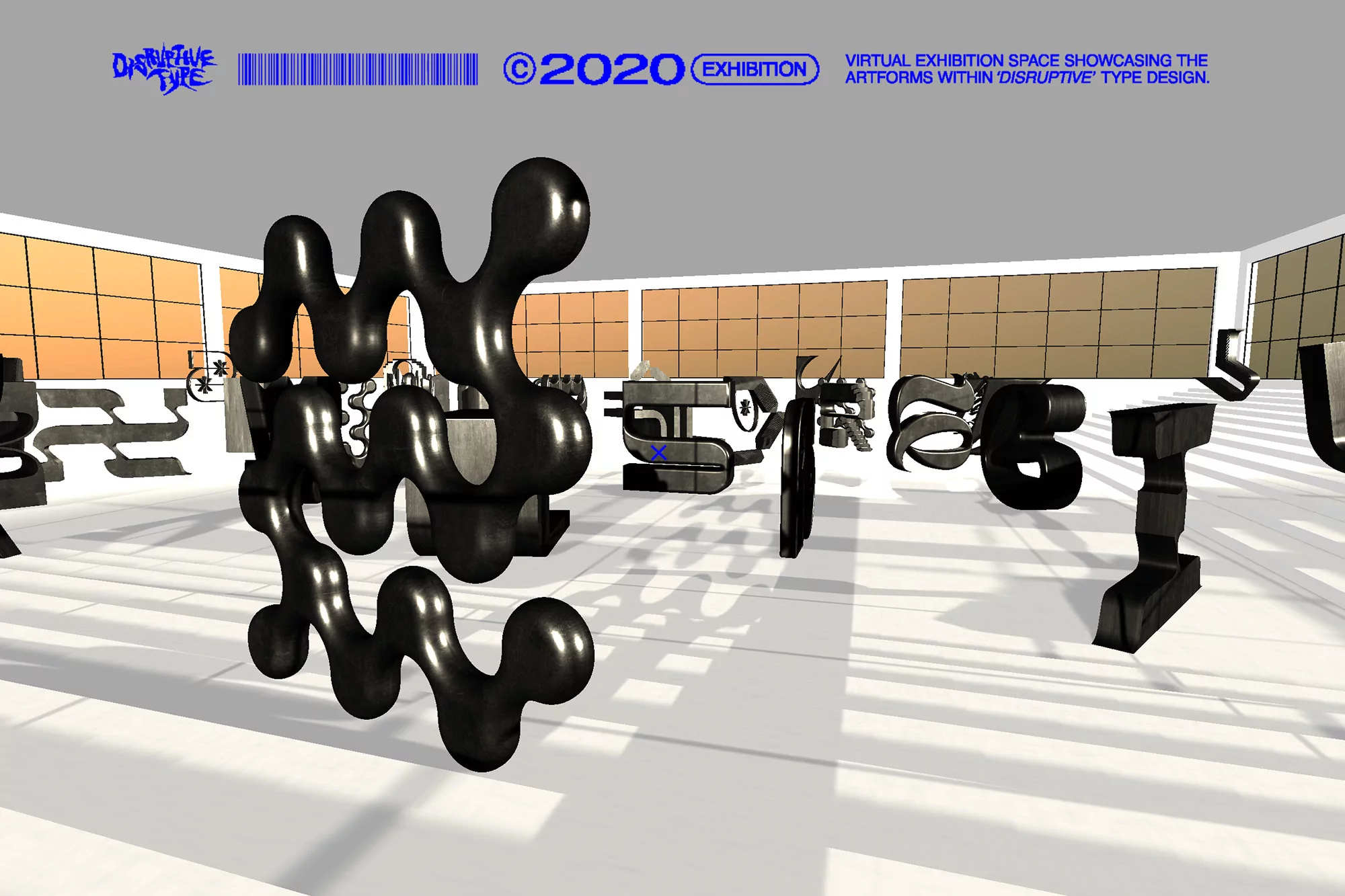 Abstract black typographic sculptures fill a white virtual gallery space under soft lighting, creating a modern, artful exhibition display.
