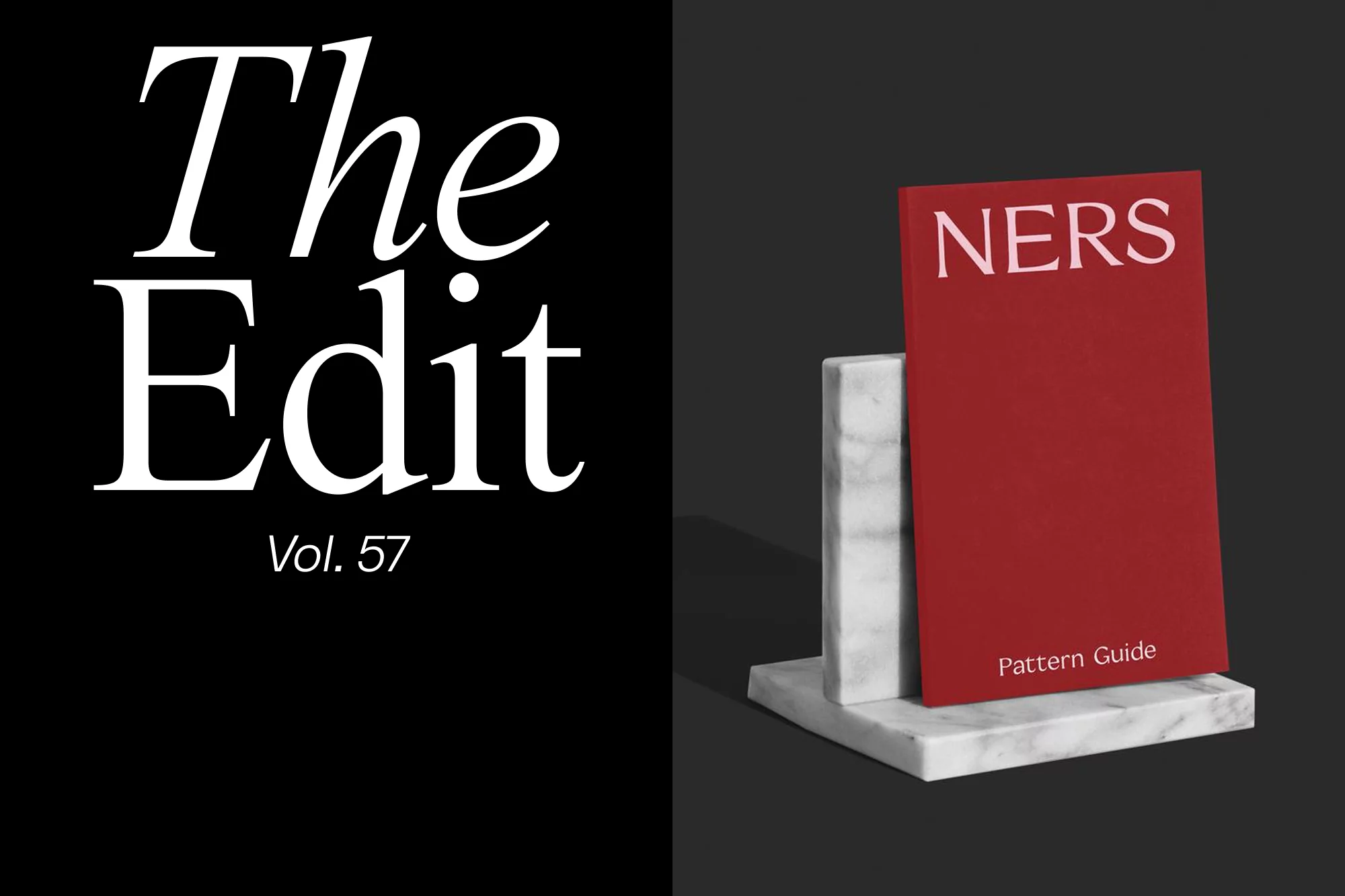 Still life studio shot of a red NERS Pattern Guide book propped up on white marble blocks against a dark gray background.