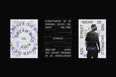 Three posters featuring typography and a man seen from behind against a solid black background.
