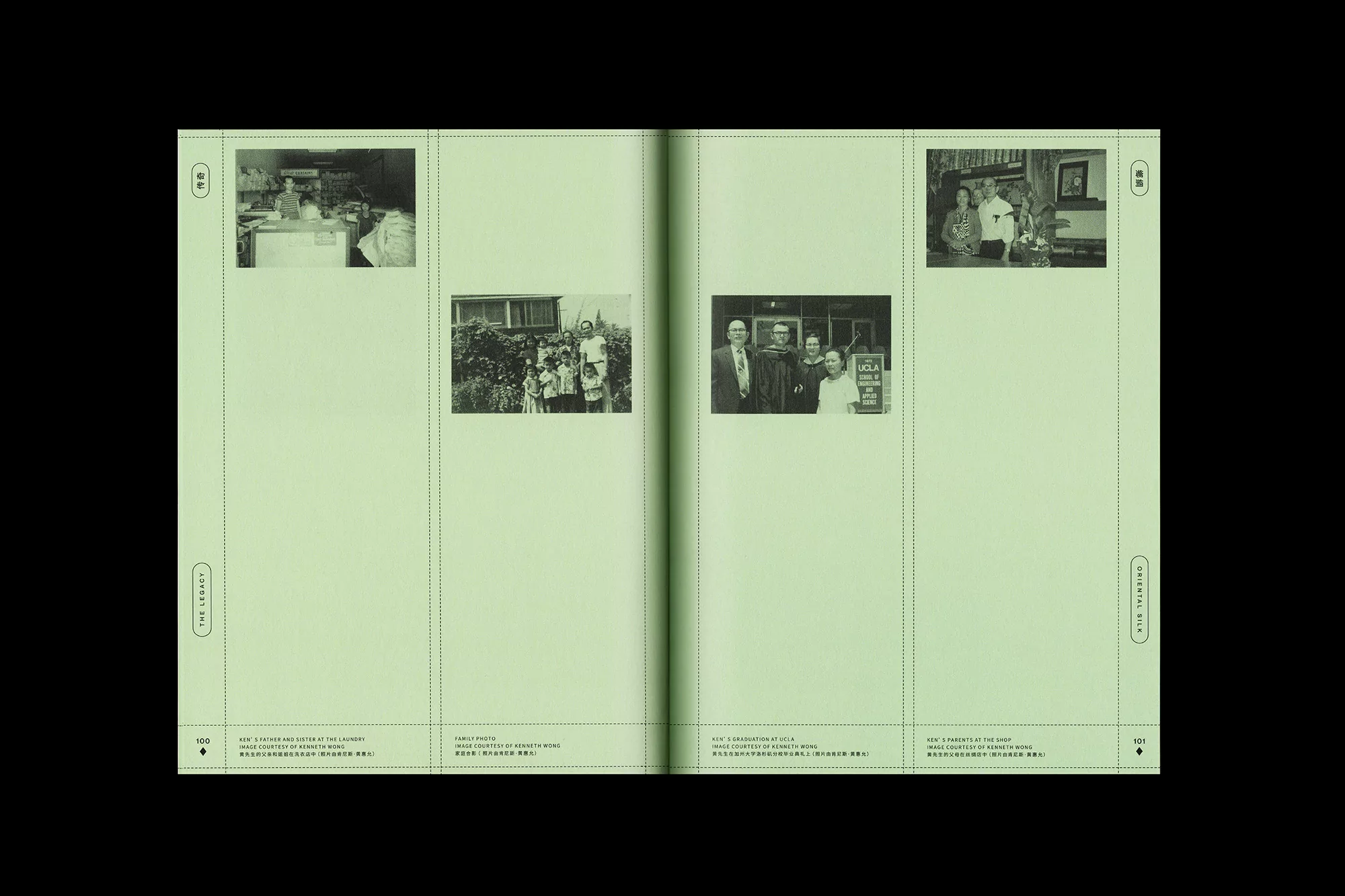 Open magazine spread displaying archival black and white family photographs on light green pages with text captions. 