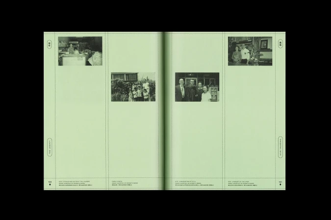 Open magazine spread displaying archival black and white family photographs on light green pages with text captions. 