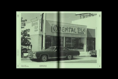 Monochrome green spread featuring archival storefront imagery of Oriental Silk and a parked car with graphic grid borders