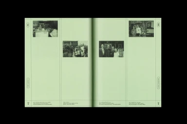 Open book spread on green paper featuring four monochrome archive photograph inserts and grid layout with thin black rules