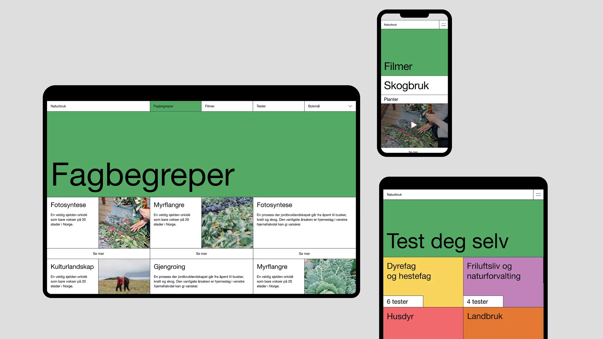 Digital composite of tablet, phone and computer screens displaying a green-themed landing page with a nature and agriculture theme.
