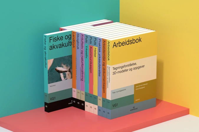 Stack of Norwegian textbooks on a corner platform against a yellow and teal wall, promoting education and textbook resources.