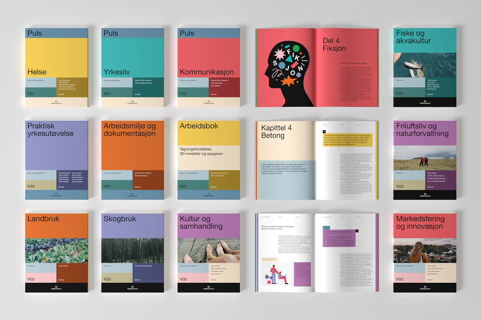 Multiple colorful open and closed books with graphic designs and text, arranged on a flat surface, showcasing diverse topics.