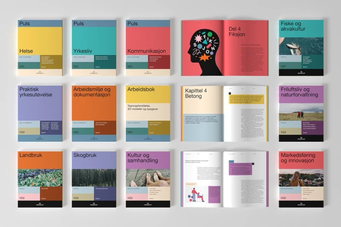 Flat lay of colorful Norwegian educational textbooks and open spreads designed by Scandinavian Design Group for Fagbokforlaget.