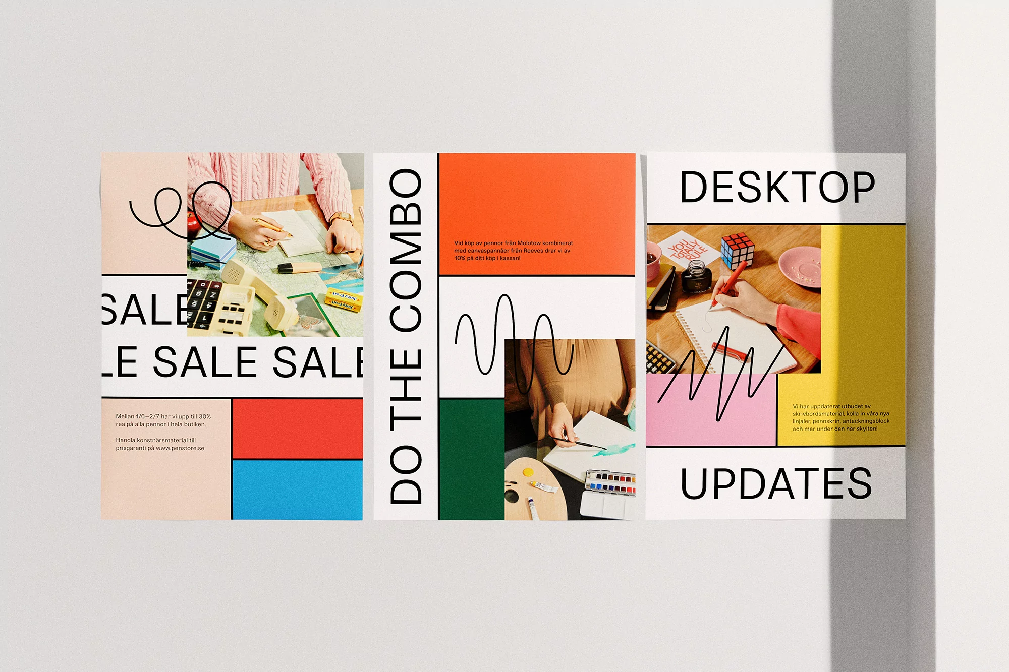 Three abstract posters with text and lifestyle photographs display artwork, color blocks, and type on a white backdrop.