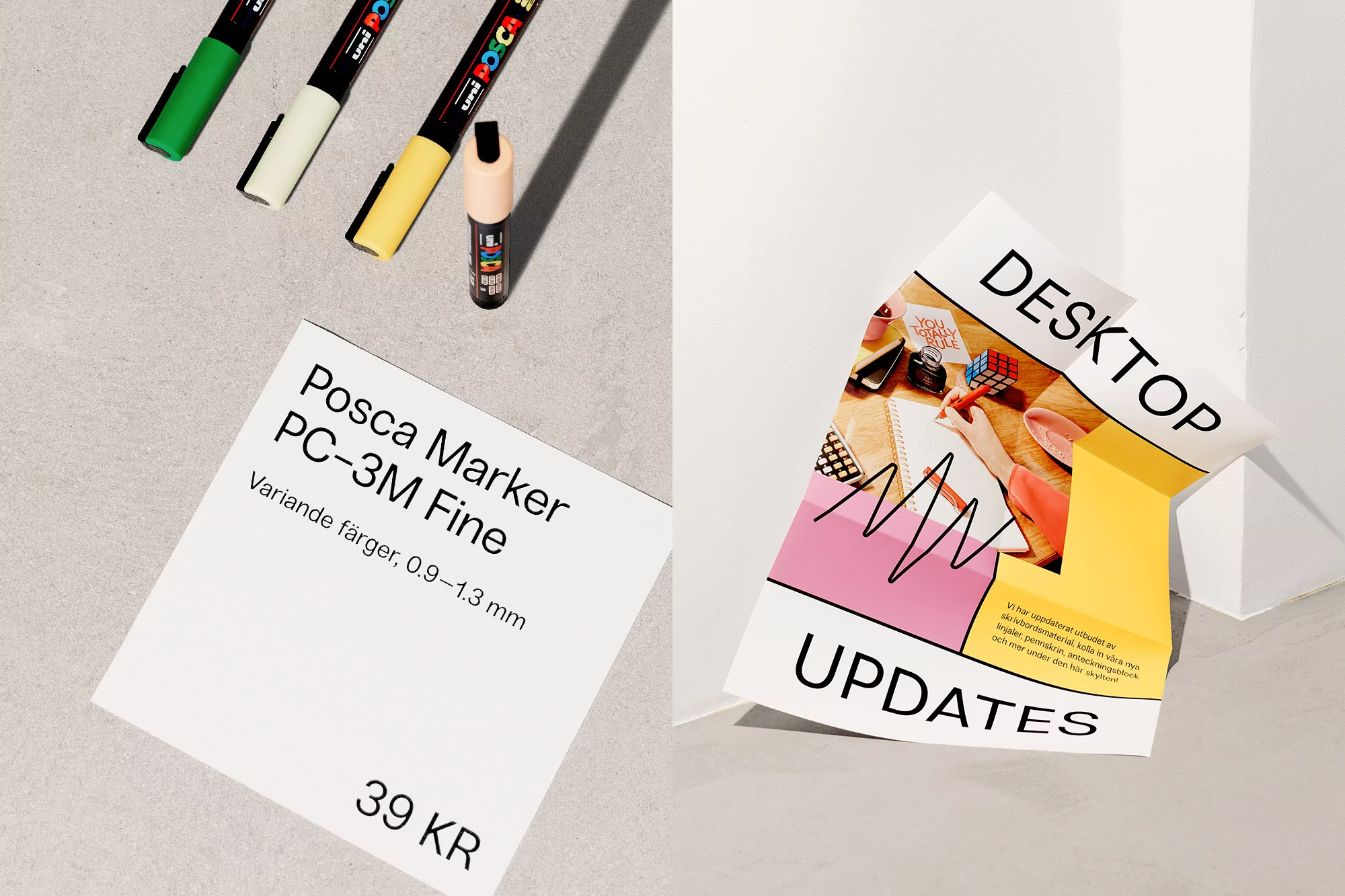 Close-up of Posca markers, a product tag, and desktop update poster on a neutral surface, ideal for art supply or marketing visuals.
