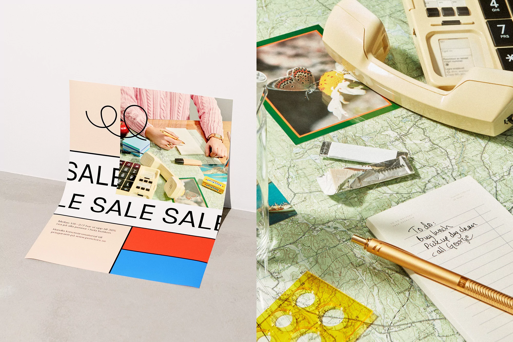 Still life featuring a collage-style flyer of a woman at a desk, vintage telephone, notebook, pen, and other desktop items on a map.