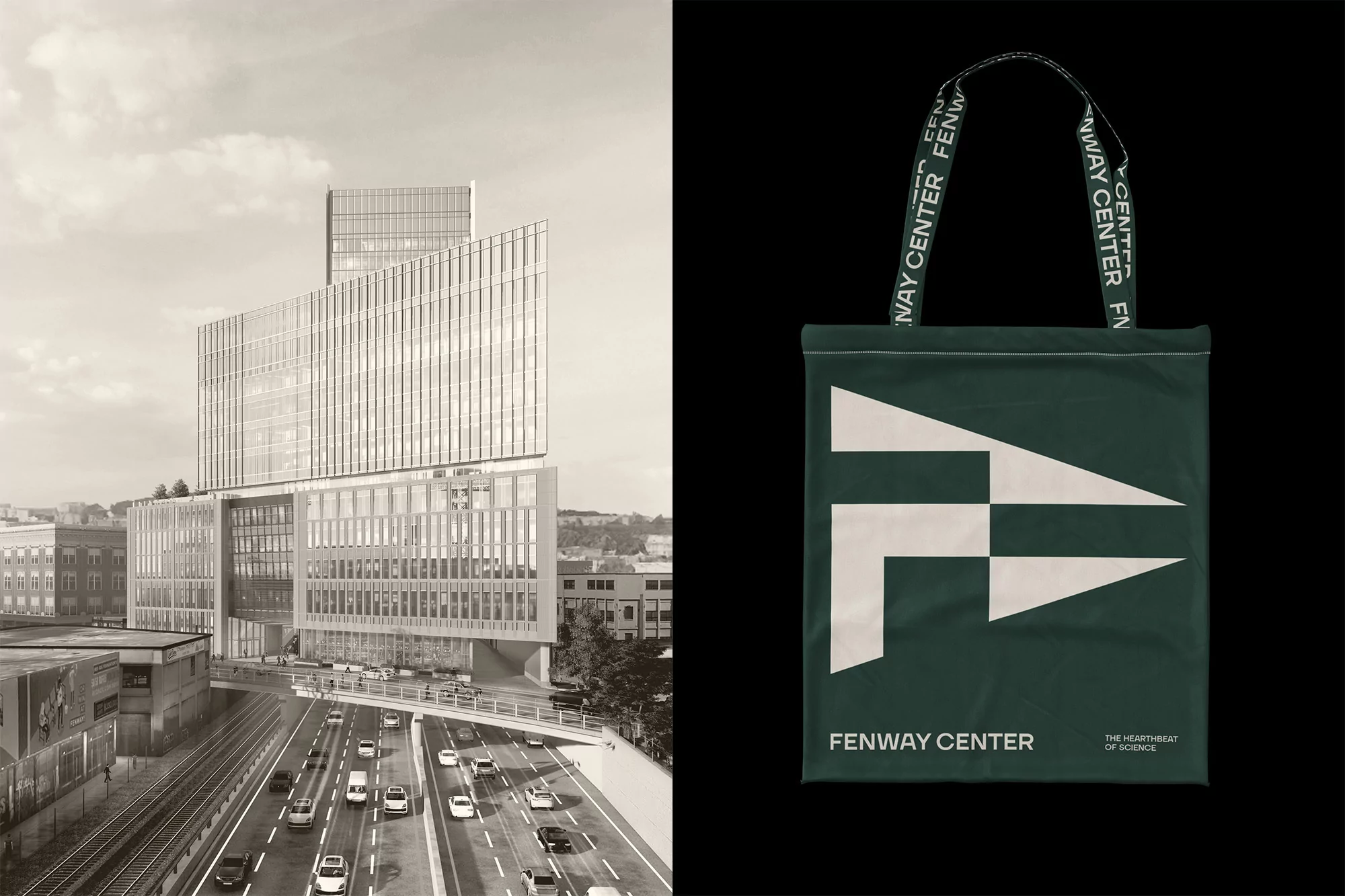 Fenway Center building complex with a multi-lane highway overpass is displayed alongside a branded tote bag against a black backdrop.