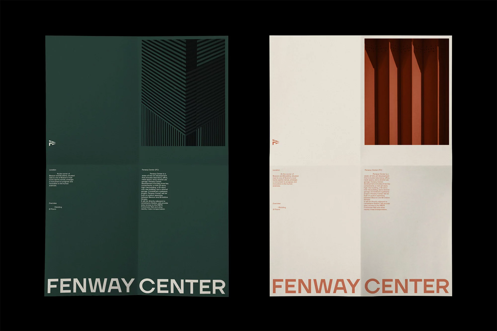Two posters, one green with abstract linear building graphic and one beige with interior architecture, both titled 'Fenway Center.'