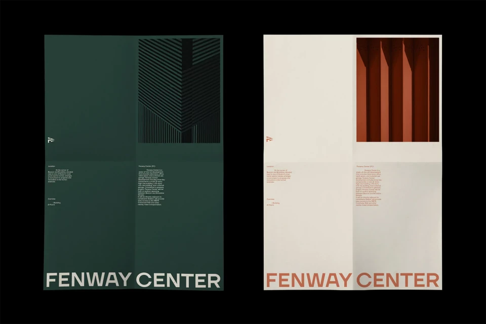 Two posters, one green with abstract linear building graphic and one beige with interior architecture, both titled 'Fenway Center.'
