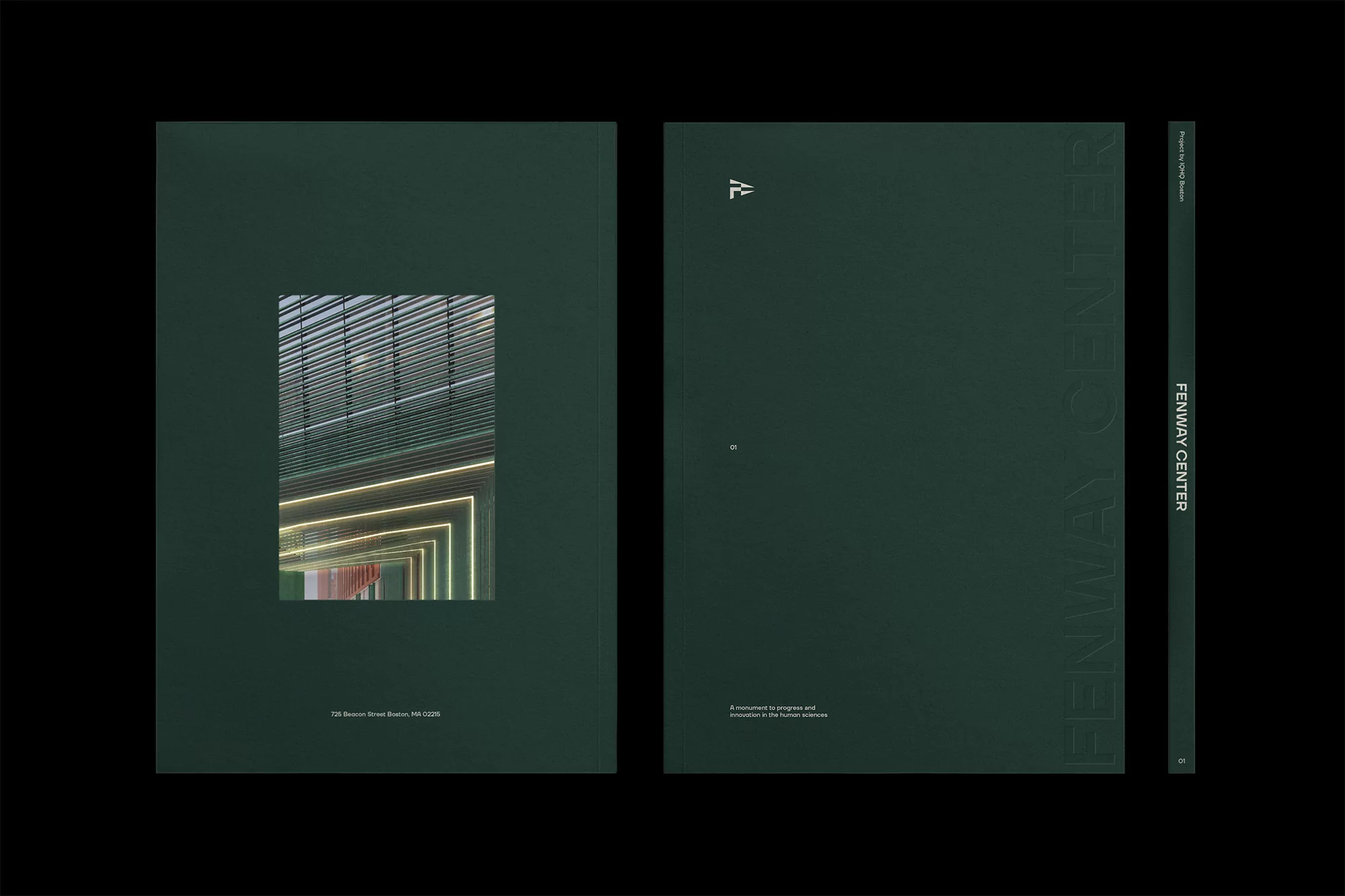 Fenway Center architectural rendering with modern glass and steel design, presented on a dark green print material.
