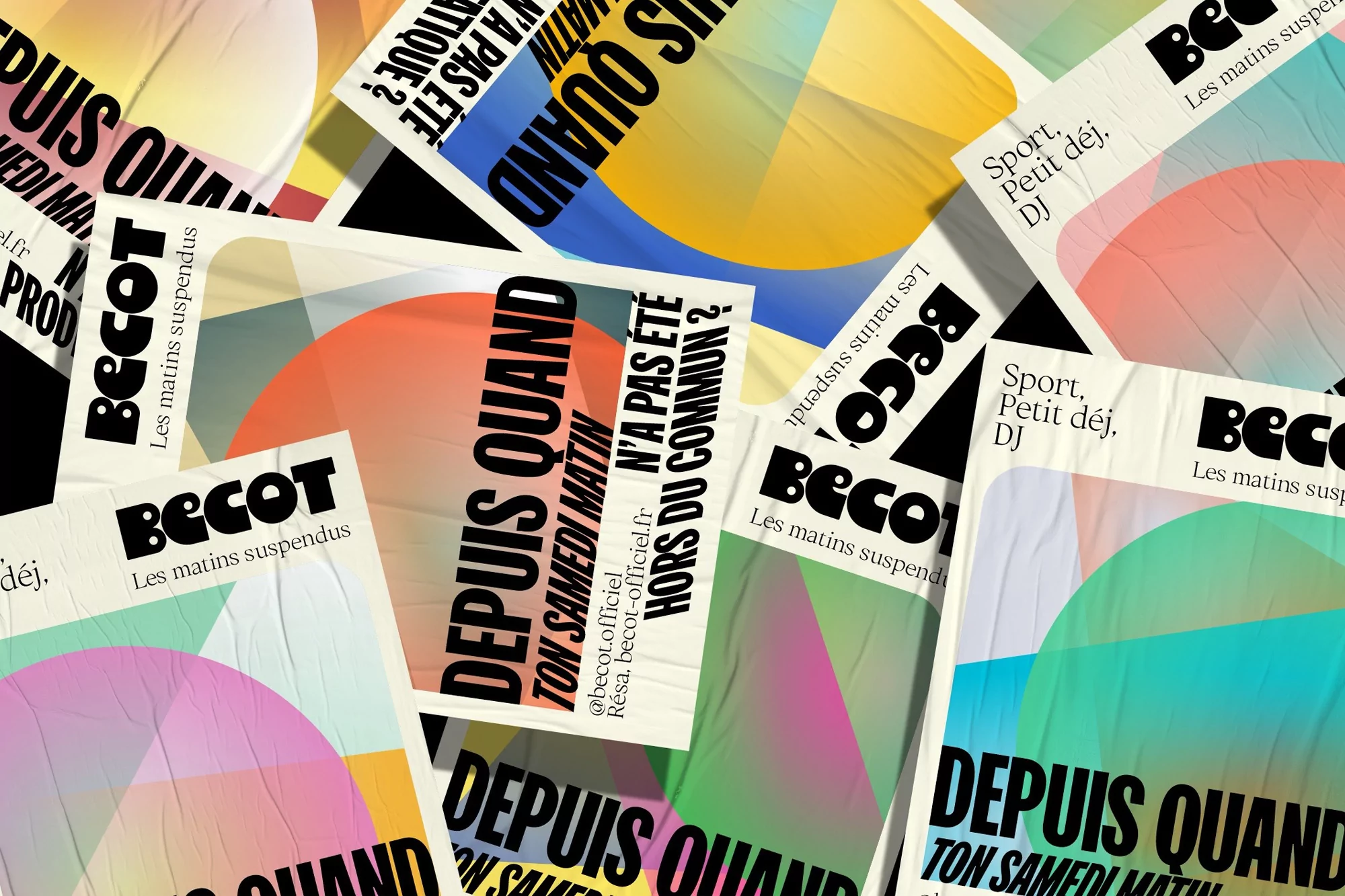 Collection of colorful posters with bold typography and geometric shapes, creating a vibrant and eye-catching collage effect for advertising.