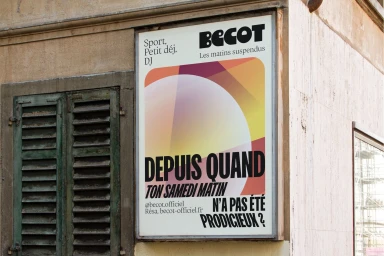 Becot brand identity poster mounted on an exterior wall with green louvered window shutters.