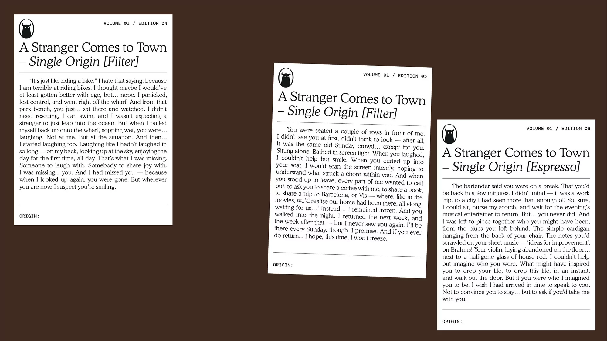 Three vintage-style literary magazine covers titled 'A Stranger Comes to Town,' each a unique edition with varying subtitles and text excerpts.