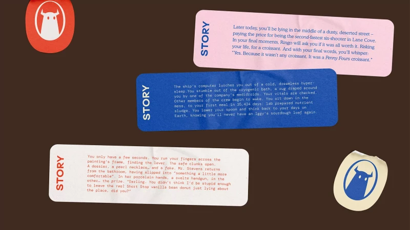 Image of three story cards on a dark brown background with two logo stickers featuring a simple ghost drawing and text.
