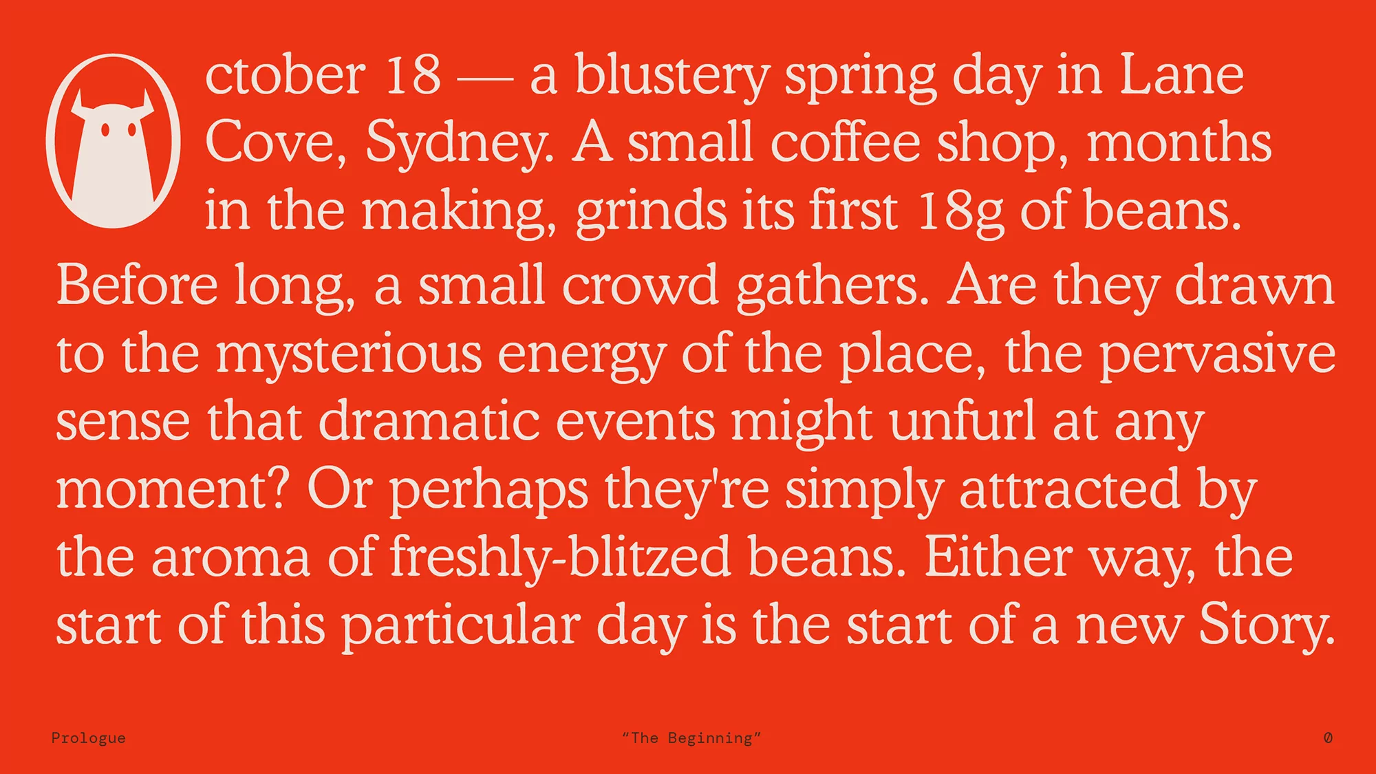 Text graphic in red and cream, featuring a stylized bull icon and an excerpt of text about a coffee shop opening in Sydney, Australia.