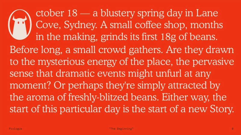 Text graphic in red and cream, featuring a stylized bull icon and an excerpt of text about a coffee shop opening in Sydney, Australia.