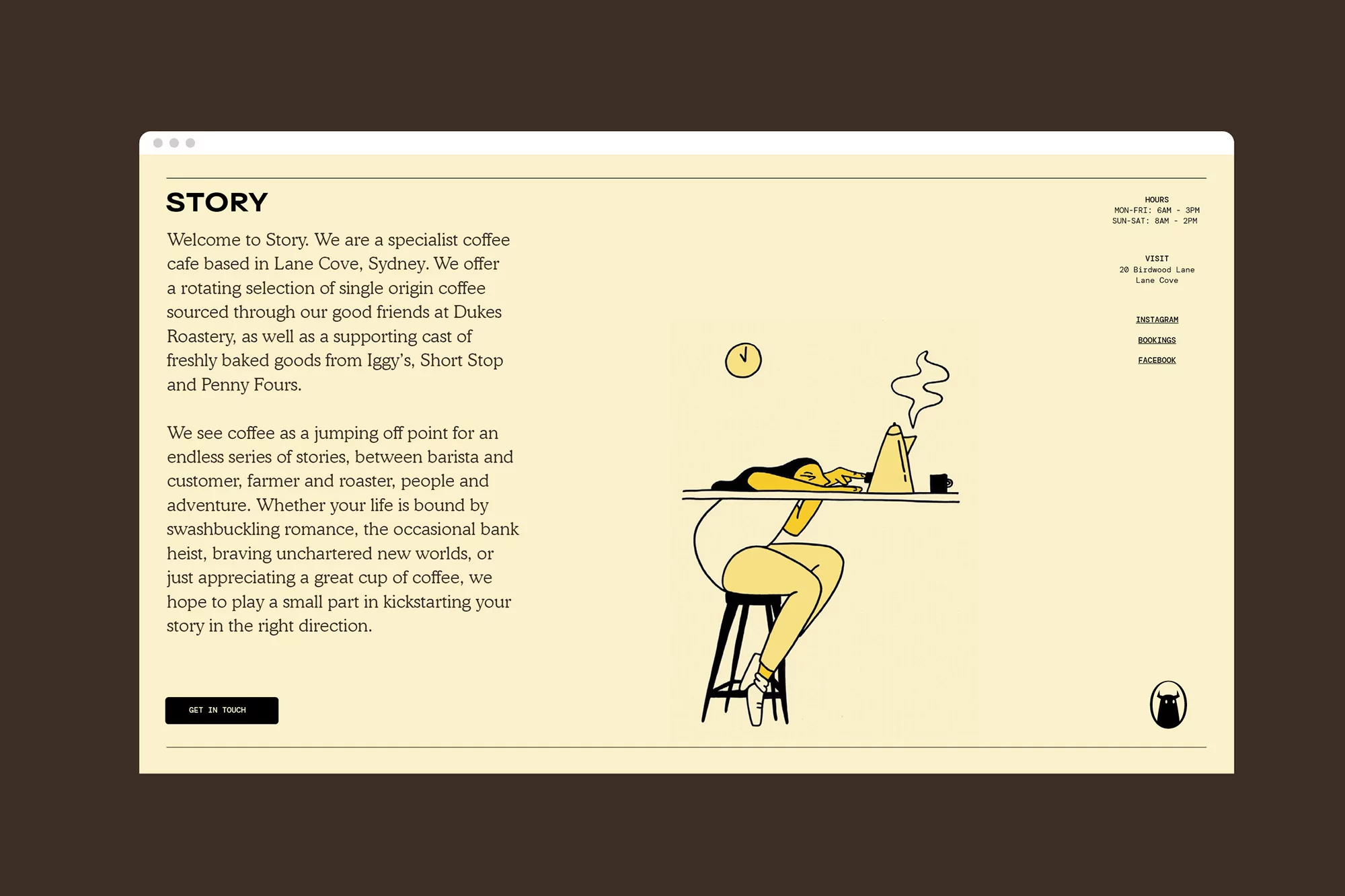 Illustration of a cafe website with a woman sitting at a table with a steaming beverage. Hours and contact information are displayed.