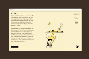 Website mockup for Story Cafe displaying minimalist typography and a line illustration of a figure seated at a coffee counter.