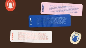 Graphic design elements with typed story text on colored paper slips against a dark brown background for Story Cafe branding.