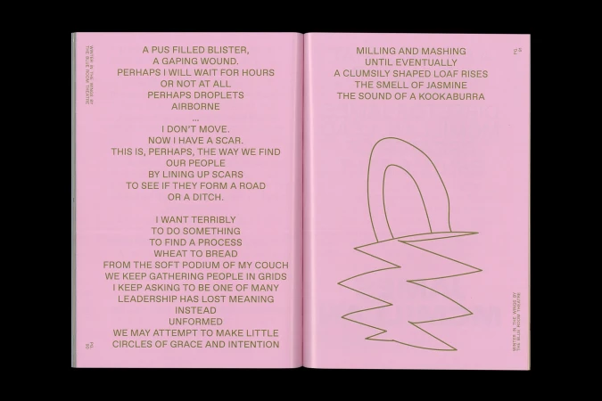 Open book displays printed text alongside a geometric illustration of a loop and jagged lines against a solid pink background. 