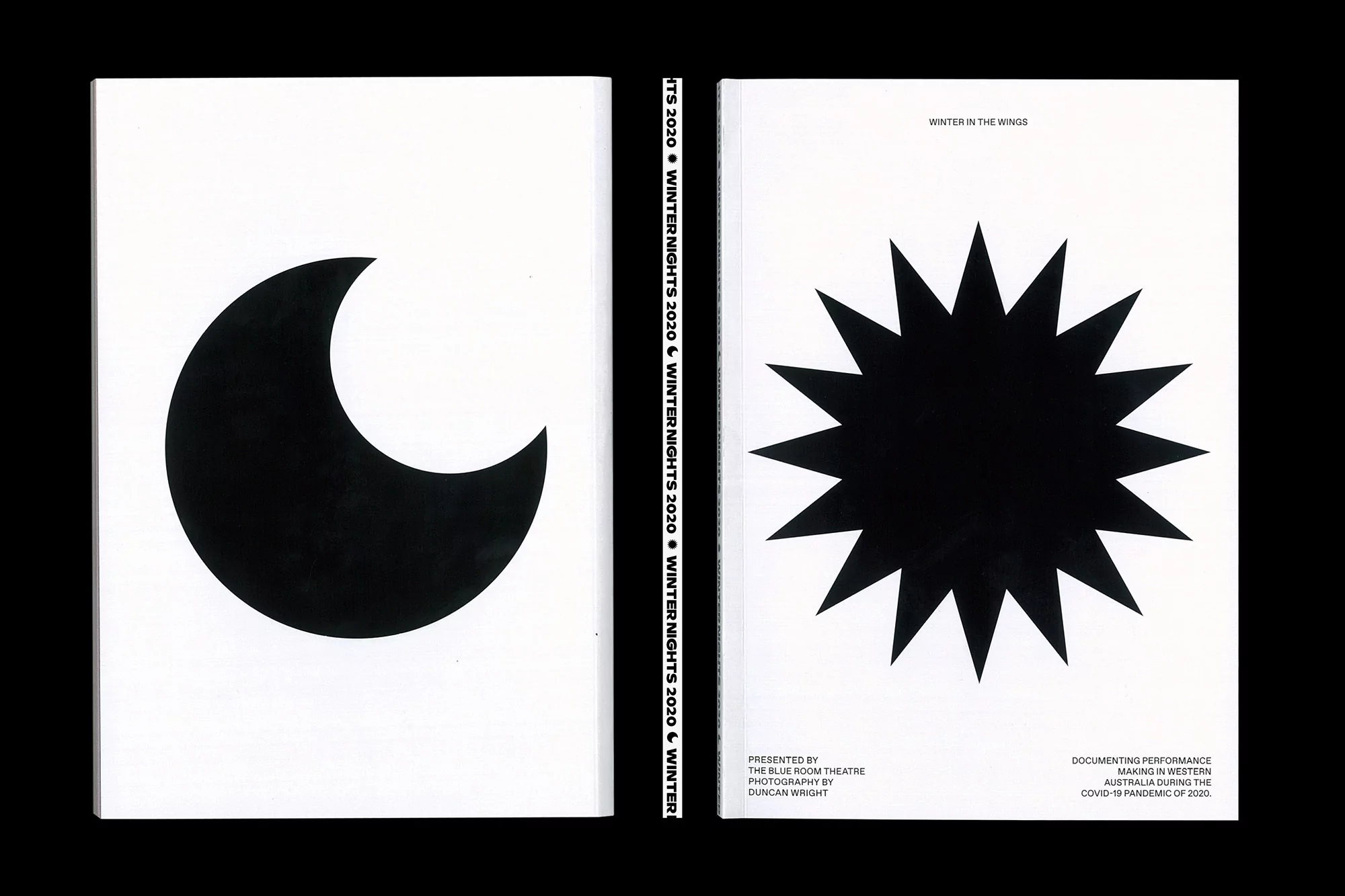 Monochromatic book cover with black crescent moon on one side and black sun burst on the other, set against a white background.