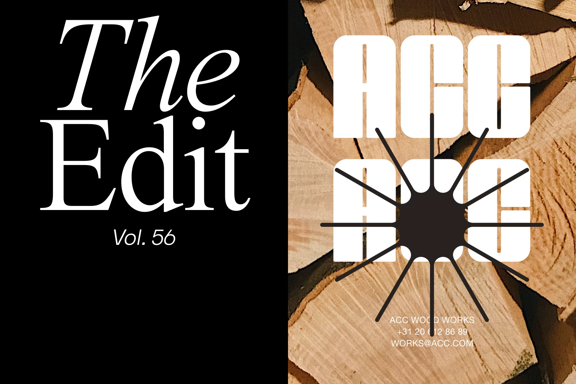 Magazine cover featuring a black background on the left side and a wooden background with a graphic logo on the right.
