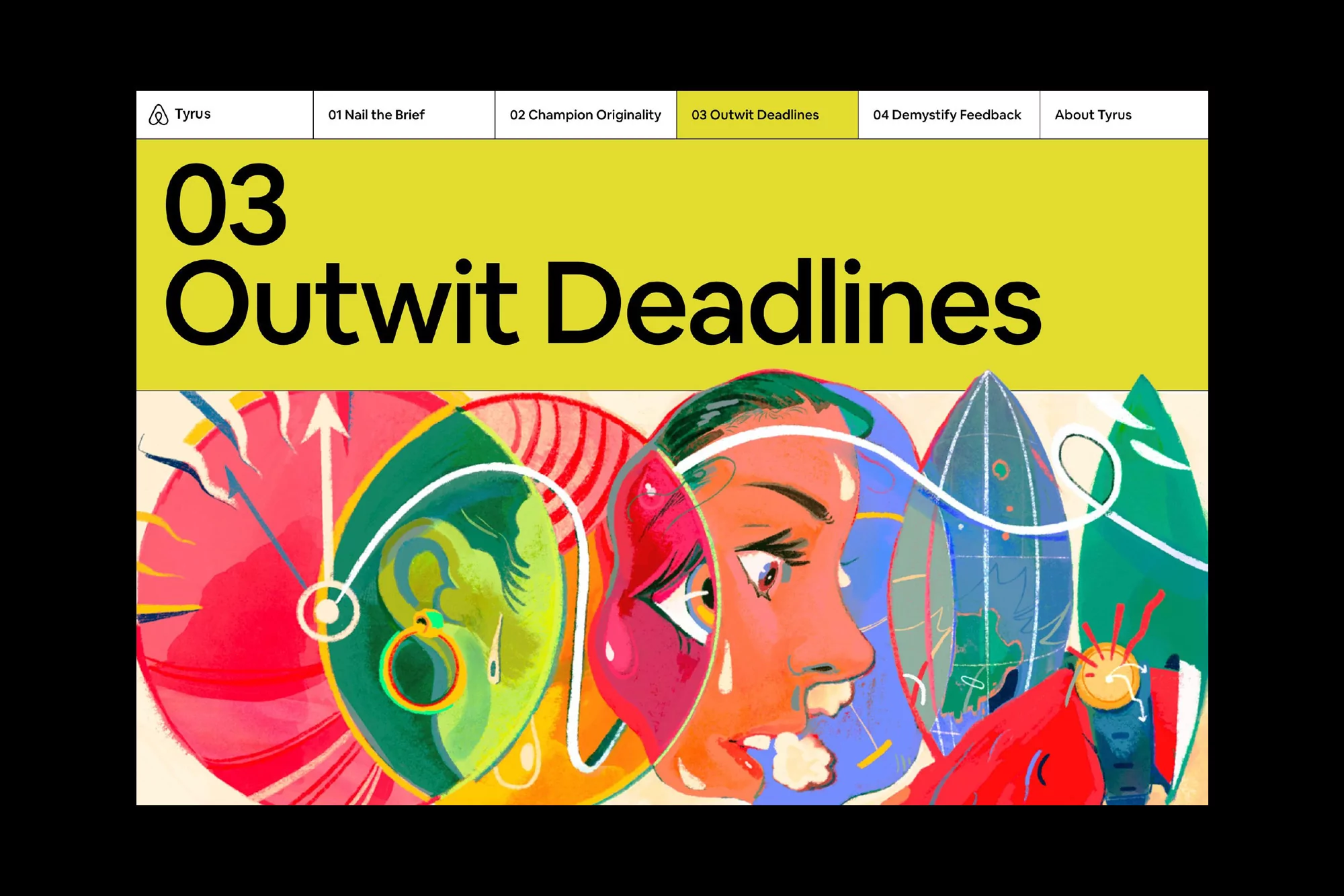 Vibrant digital artwork promoting Tyrus, featuring portraits, clocks, and rockets, set against a yellow backdrop with bold typography.