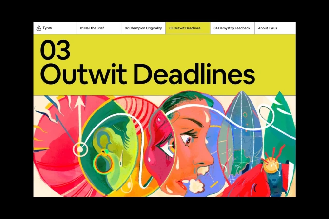 Vibrant digital artwork promoting Tyrus, featuring portraits, clocks, and rockets, set against a yellow backdrop with bold typography.