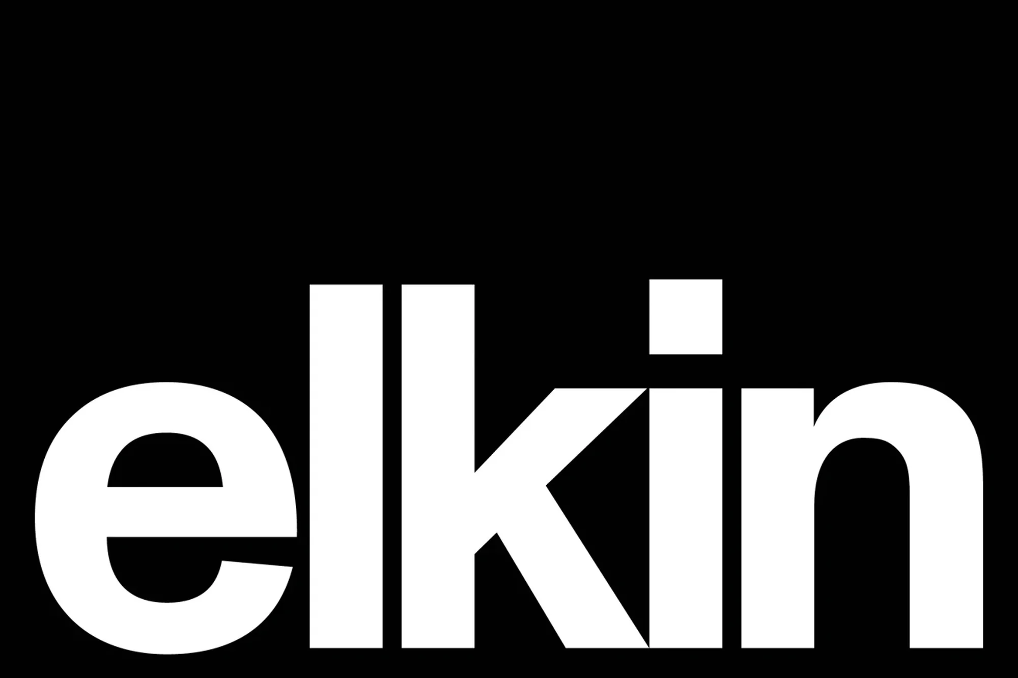 White elkin logo on black background in a centered composition showcasing a modern, bold typographic design for brand identity.