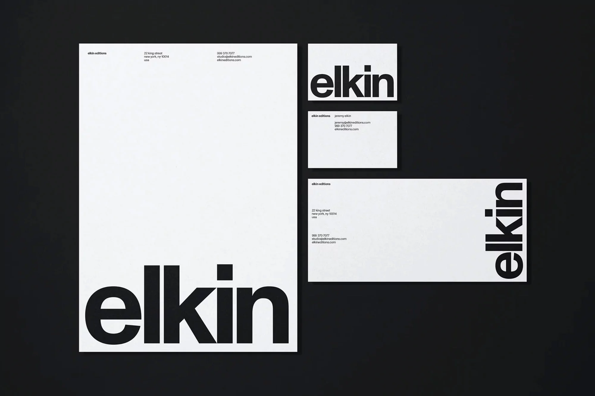 Stationery set featuring letterhead, square card, and business card with bold black 'elkin' logo, set against a dark background.