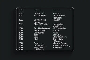 Tablet displaying Elkin Editions brand identity index page with white typography on a black background