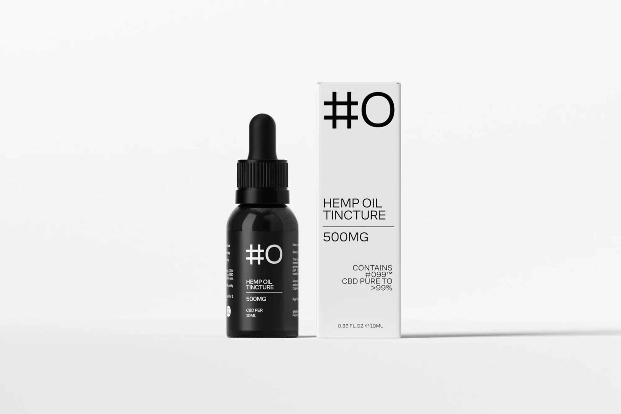 Black hemp oil tincture bottle with dropper next to the product packaging on a white background, showcasing modern product design.