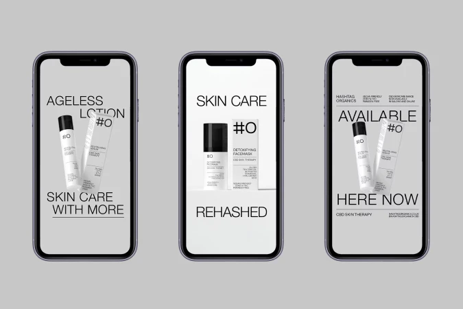 Three phone screens display skincare products and text, '#O', 'Ageless Lotion', 'Skin Care with More,' 'Detoxifying Facemask', 'Available Here Now'.