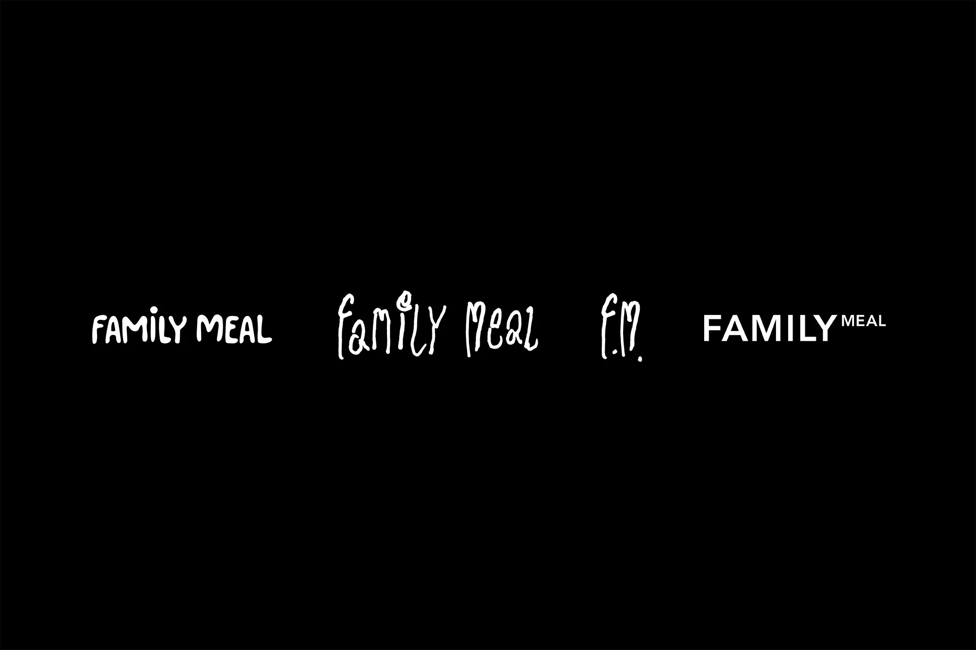 Graphic design with repeating phrases 'Family Meal' in varying fonts and layouts against a solid black background.