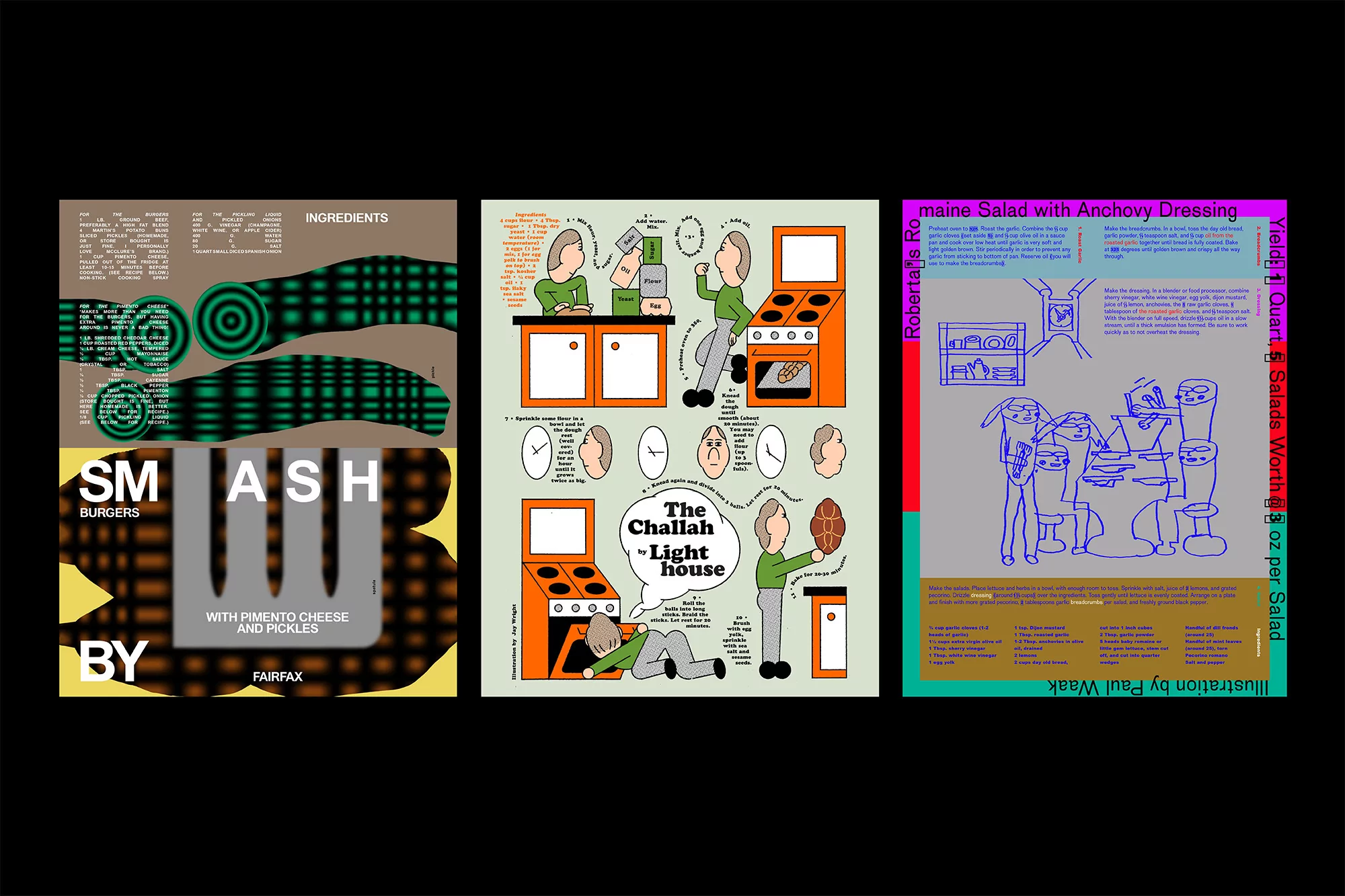 Three illustrations depicting recipes for smash burgers, challah, and romaine salad with anchovy dressing, using cartoon people.