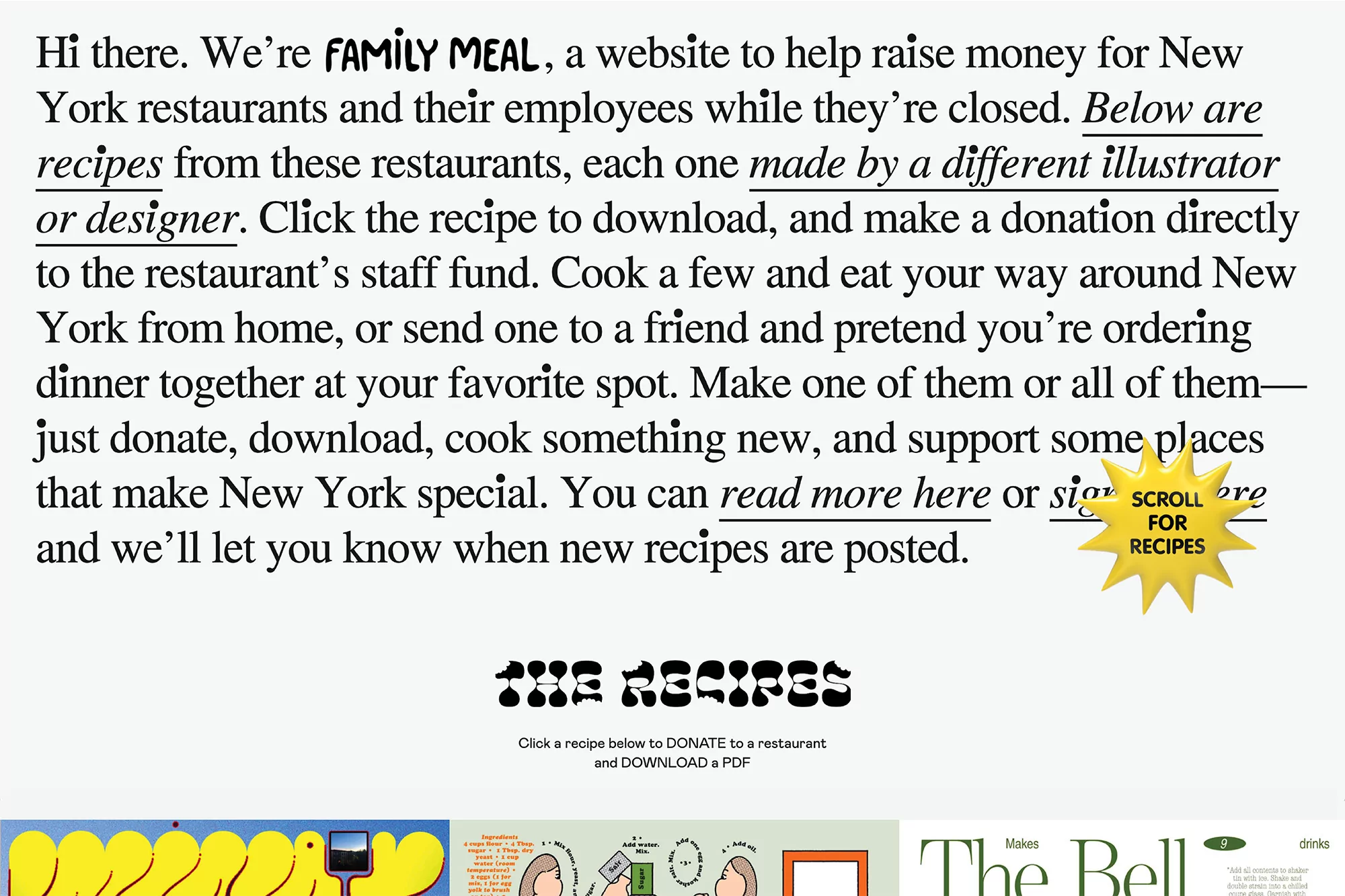 Website promoting recipes from New York restaurants, encouraging donations to support restaurant staff, featuring text and graphic elements.