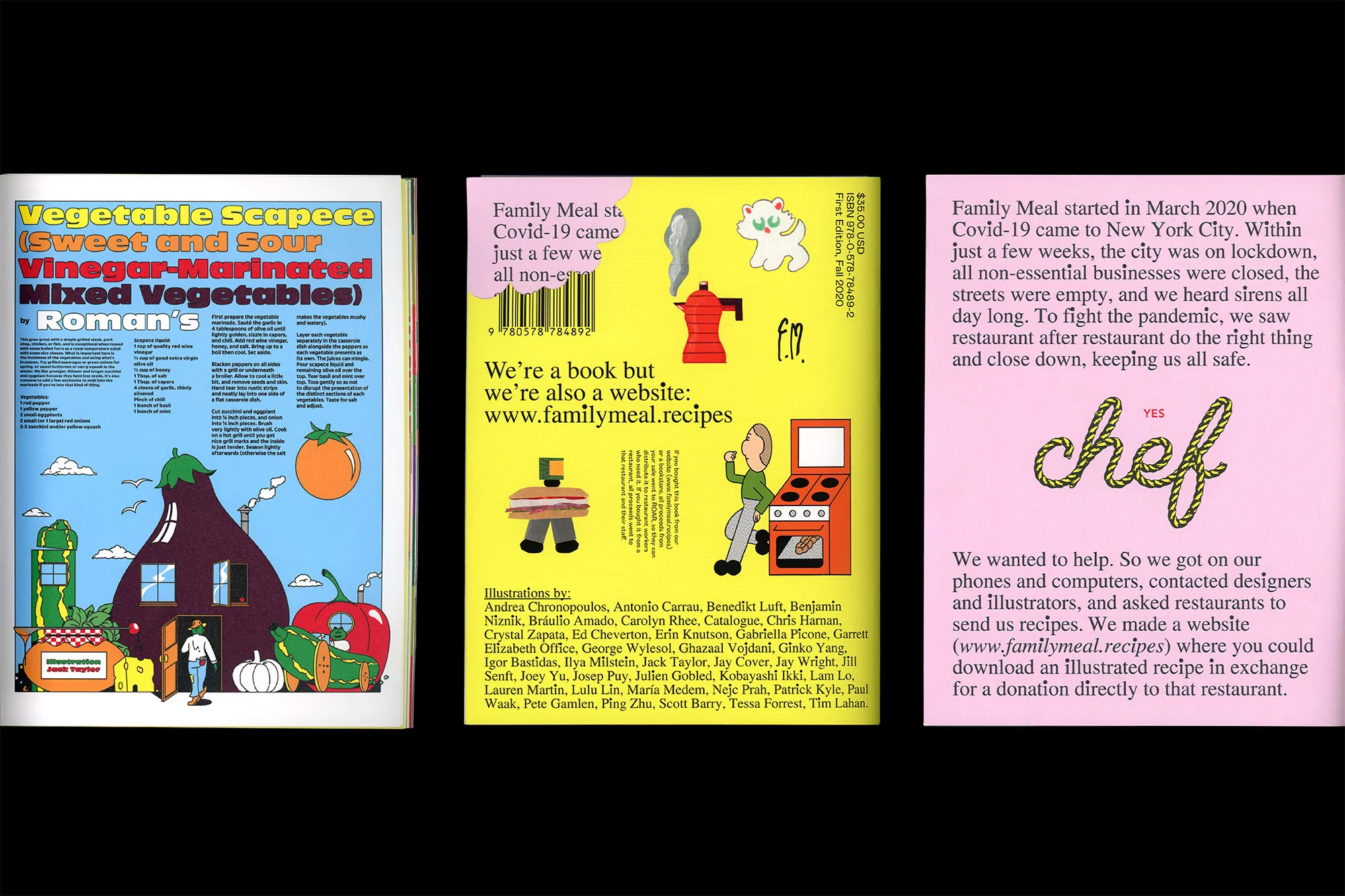 Three book covers side by side featuring illustrated graphics, text, and a pink color scheme with information about food recipes.