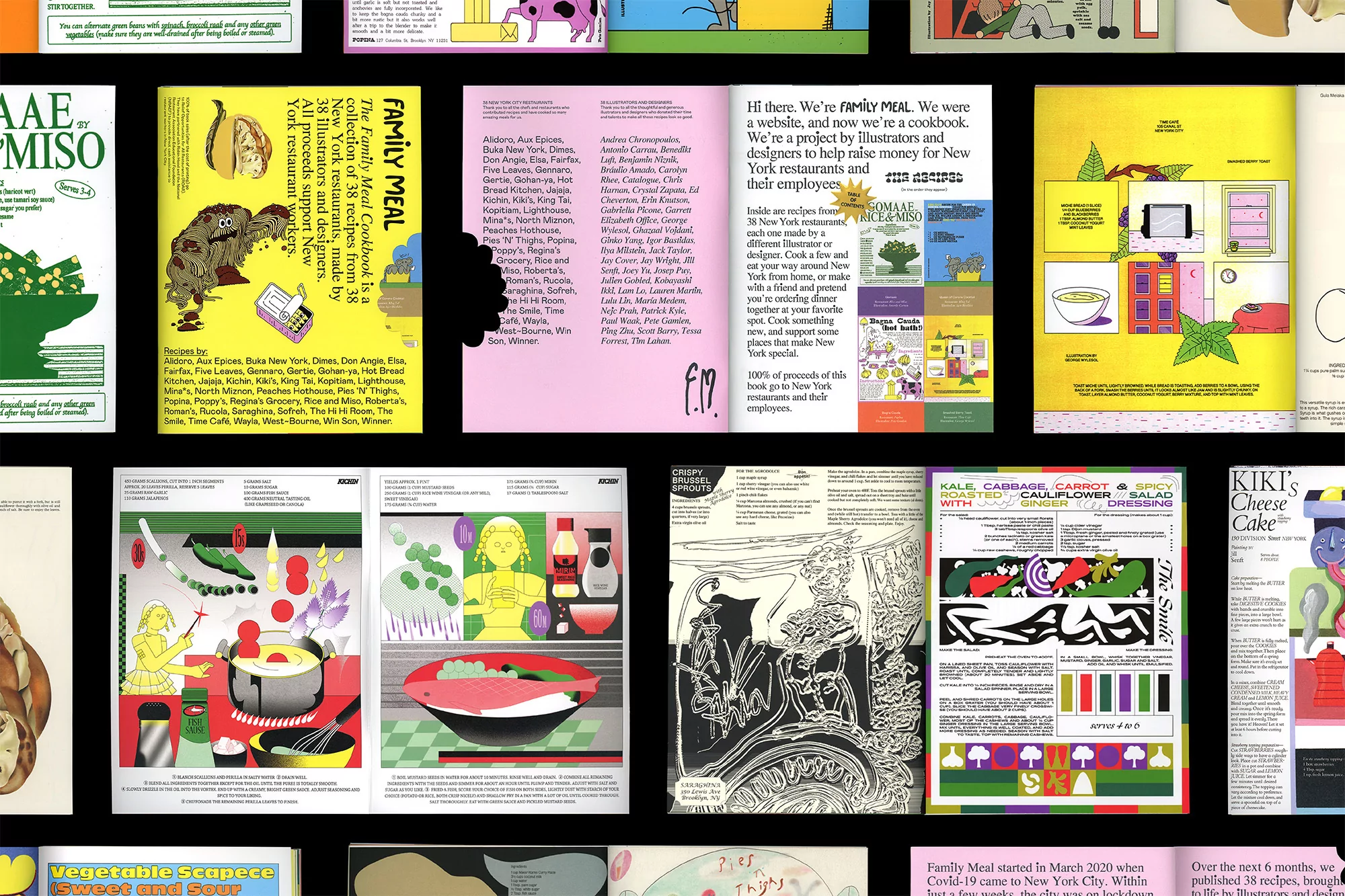 Collection of illustrated cookbook covers with visible titles like 'Family Meal,' showcasing diverse recipes and designs, colorful and eye-catching.