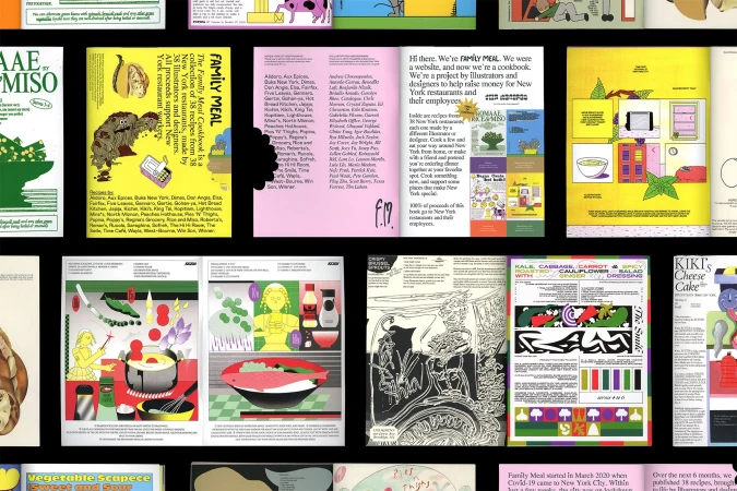 Collection of illustrated cookbook covers with visible titles like 'Family Meal,' showcasing diverse recipes and designs, colorful and eye-catching.