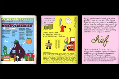 Spread of a graphic design book featuring colorful illustrated recipes, typography, and project background details.