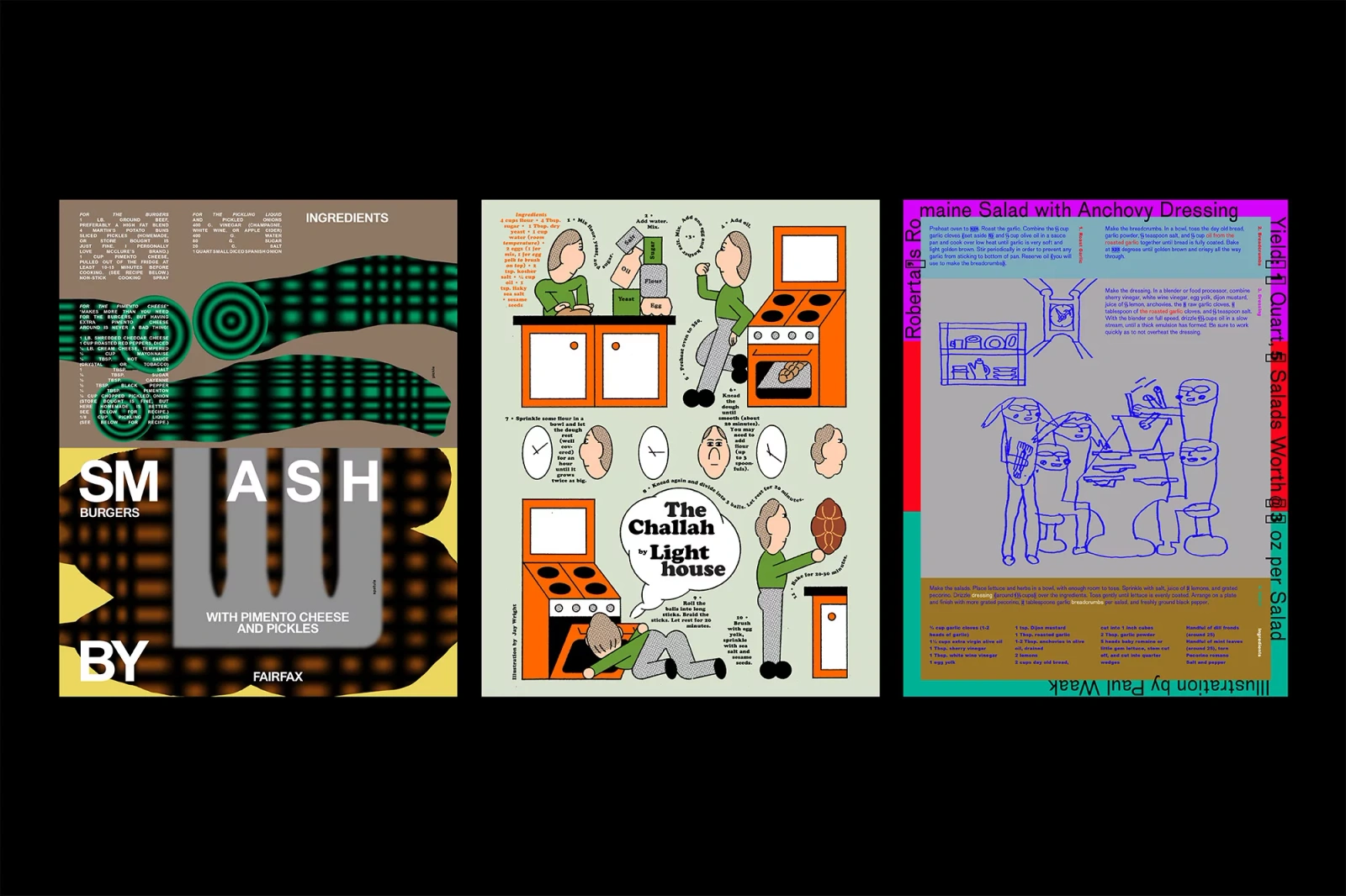 Graphic design layouts featuring illustrated figures in kitchens, typography, and recipes for NYC restaurants