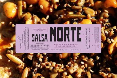 Close-up product packaging label for Salsa Norte featuring a purple band over a mixture of seeds and chili morita